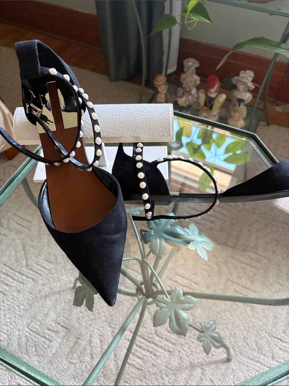 Zara Black Pointed Pearl-Strap Heels
